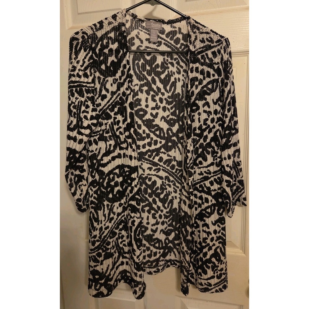 black-and-white patterned Chico's Travelers open-front cardigan Size 1
